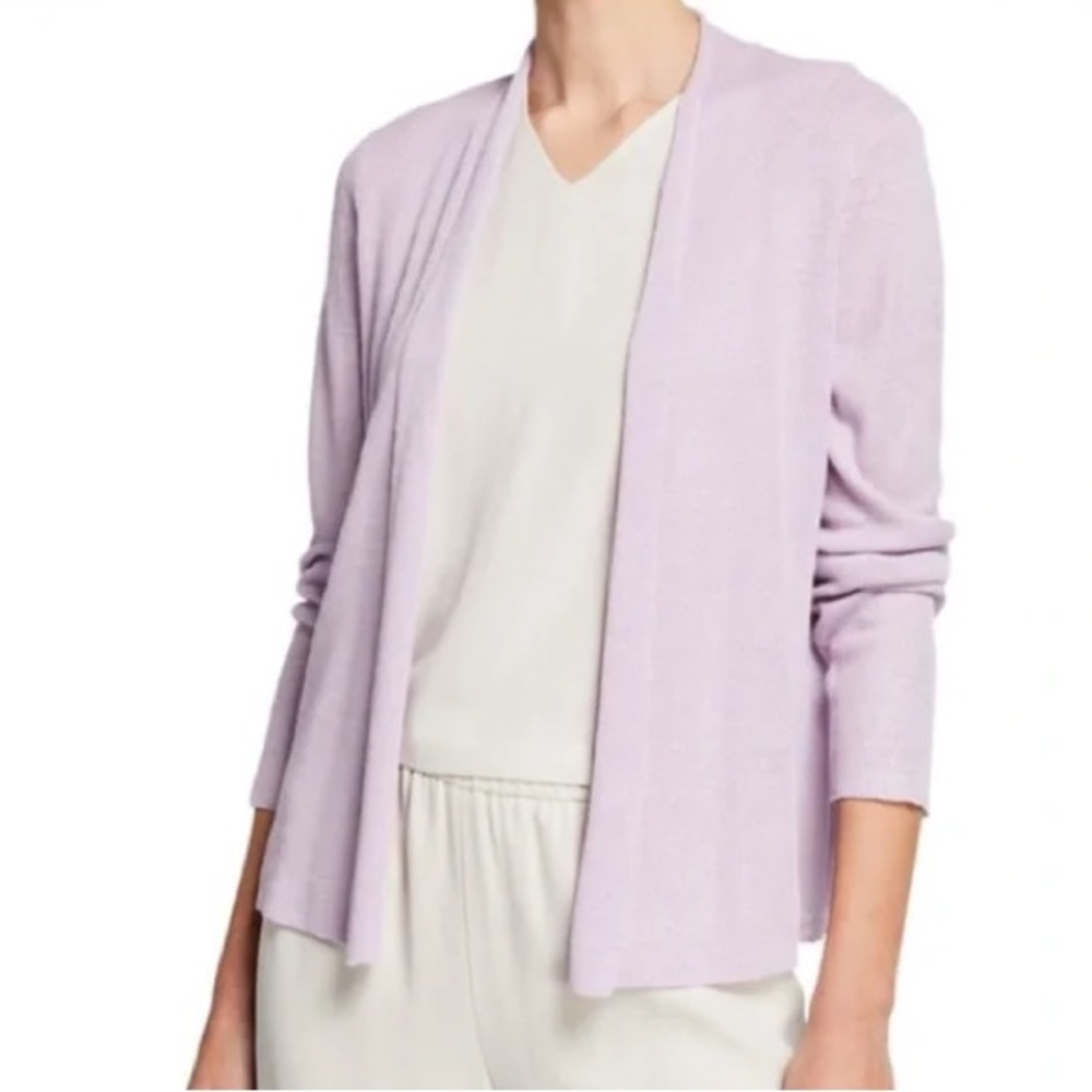 Eileen Fisher Organic Linen size Large Open Front Lilac Cardigan Sweater cotton